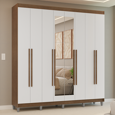 Placard Matrimonial 216 cm 8 Puertas Batientes 4 Cajones con 2 Espejos y Patas Marrón/Blanco Venus Madesa