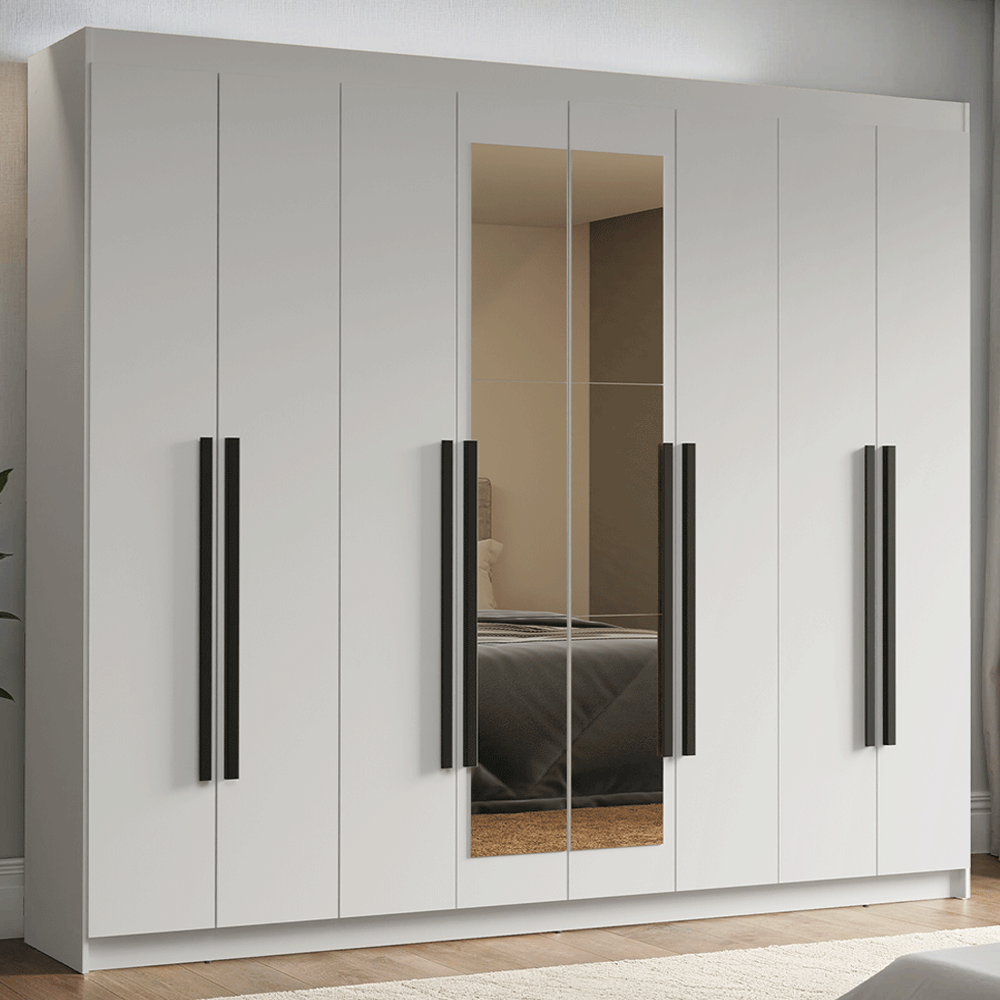 Placard Matrimonial 216 cm 8 Puertas Batientes con Espejo Venus Blanco/Blanco/Negro