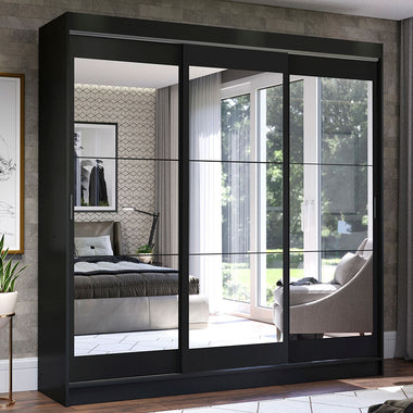 Placard Matrimonial 215 cm 3 Puertas Corredizas 3 Cajones con 3 Espejos Negro Istambul Madesa