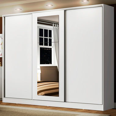 Placard Matrimonial 231 cm 3 Puertas Corredizas 4 Cajones con 1 Espejo 100% MDF Blanco Eros Madesa