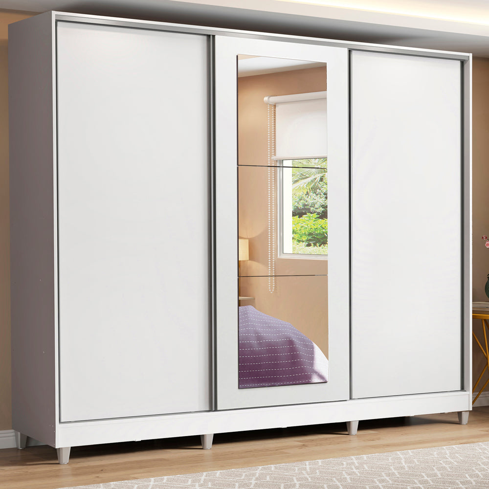 Placard Matrimonial 100% MDF Eros 3 Puertas Corredizas con Espejo con Patas Blanco
