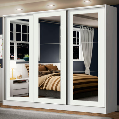 Placard Matrimonial 231 cm 3 Puertas Corredizas 4 Cajones con 3 Espejos 100% MDF Blanco Eros Madesa