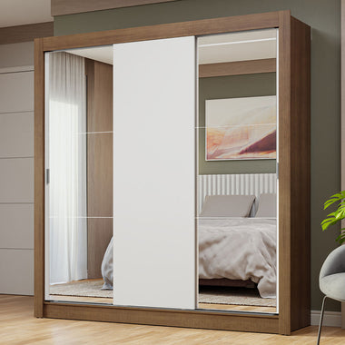 Placard Matrimonial 170 cm 3 Puertas Corredizas con 2 Espejos Marrón/Blanco Nobre Madesa
