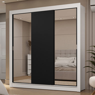 Placard Matrimonial 170 cm 3 Puertas Corredizas 2 Cajones con 2 Espejos Blanco/Negro Sublime Madesa