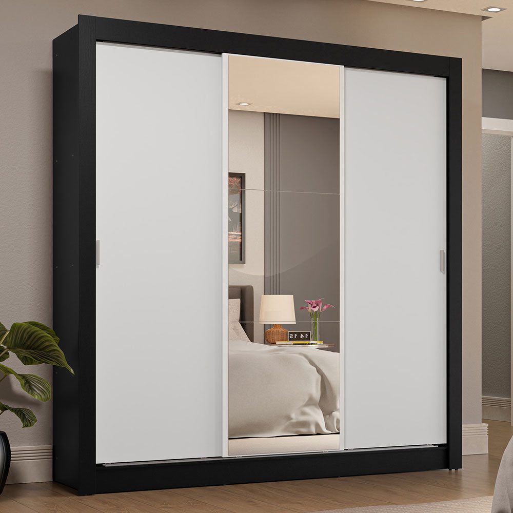 Placard Matrimonial 3 Puertas Corredizas con Espejo 4 Cajones Negro/Blanco Sublime Plus