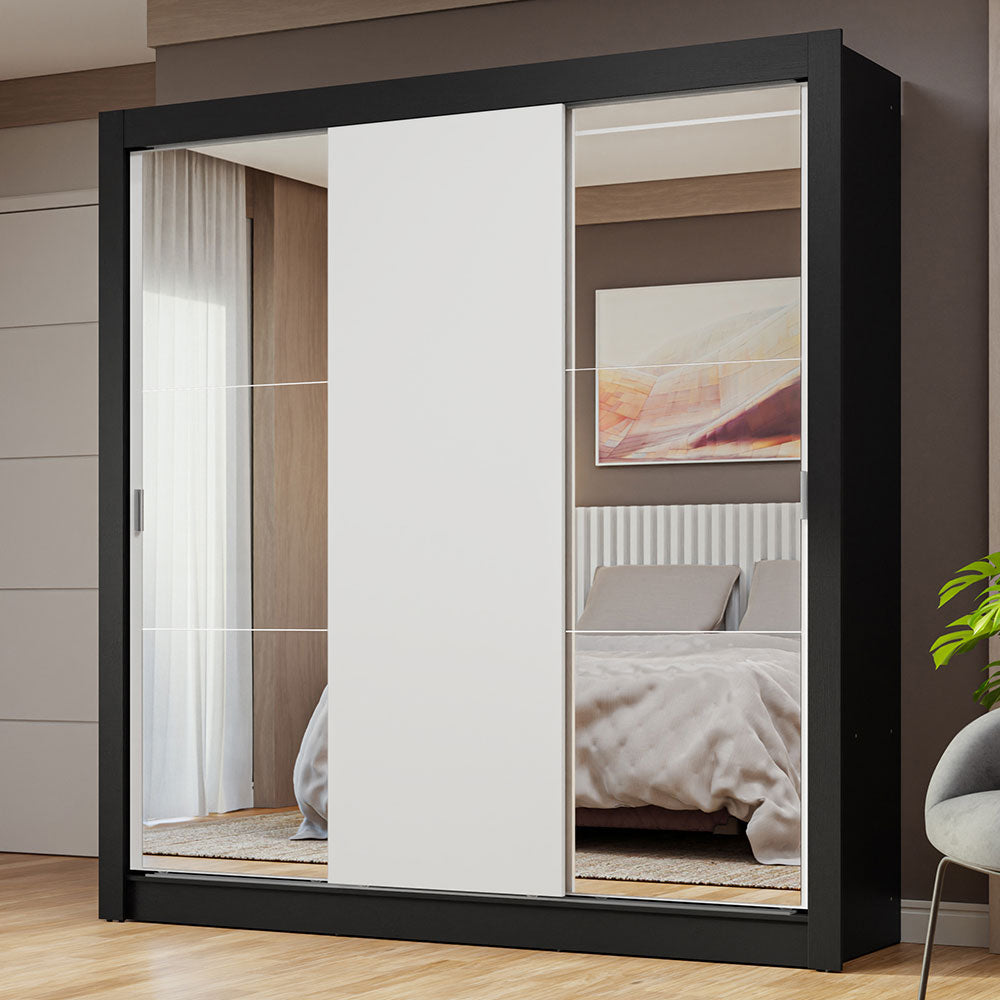 Placard Matrimonial 3 Puertas Corredizas con Espejos Negro/Blanco Nobre