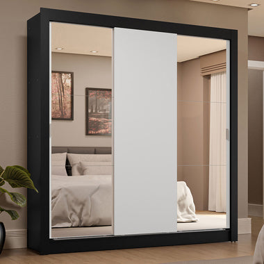 Placard Matrimonial 170 cm 3 Puertas Corredizas 4 Cajones con 2 Espejos Negro/Blanco Sublime Madesa