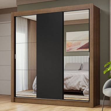 Placard Matrimonial 170 cm 3 Puertas Corredizas con 2 Espejos Marrón/Negro Nobre Madesa