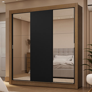 Placard Matrimonial 170 cm 3 Puertas Corredizas 2 Cajones con 2 Espejos Marrón/Negro Sublime Madesa