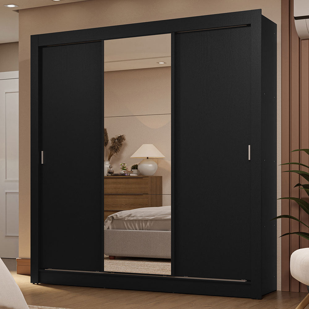Placard Matrimonial 3 Puertas Corredizas con Espejo 2 Cajones Negro Sublime