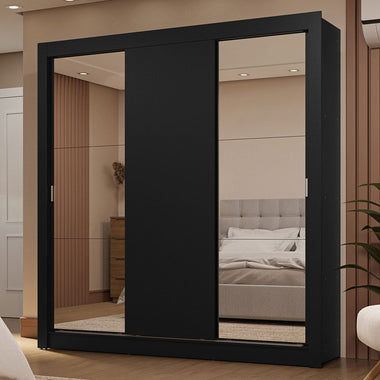 Placard Matrimonial 170 cm 3 Puertas Corredizas 2 Cajones con 2 Espejos Negro Sublime Madesa