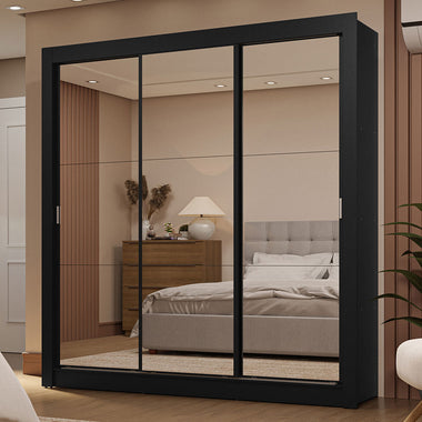 Placard Matrimonial 170 cm 3 Puertas Corredizas 2 Cajones con 3 Espejos Negro Sublime Madesa
