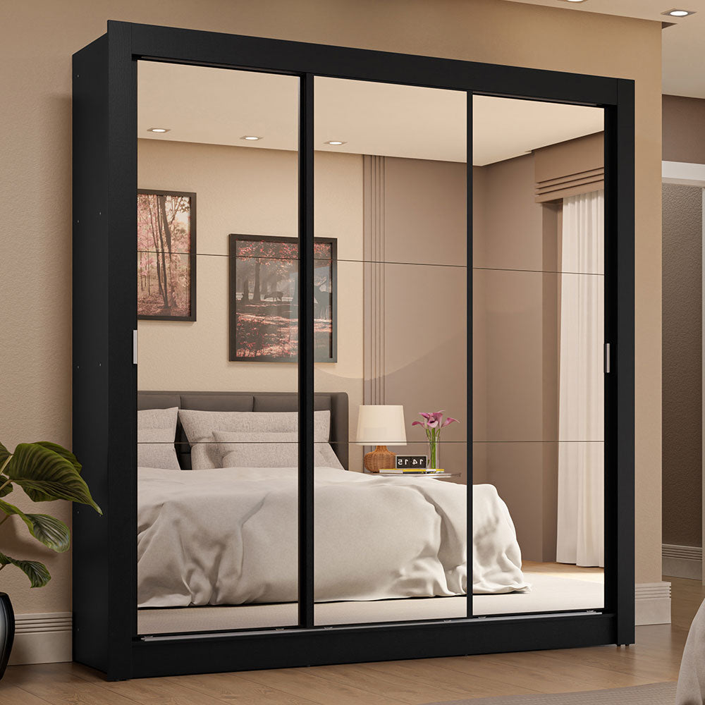 Placard Matrimonial 3 Puertas Corredizas de Espejo 4 Cajones Negro Sublime Plus