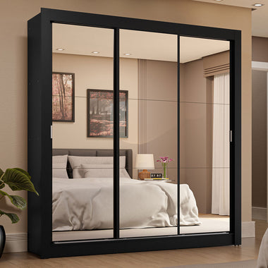 Placard Matrimonial 170 cm 3 Puertas Corredizas 4 Cajones con 3 Espejos Negro Sublime Madesa