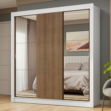 Placard Matrimonial 170 cm 3 Puertas Corredizas con 2 Espejos Blanco/Marrón Nobre Madesa