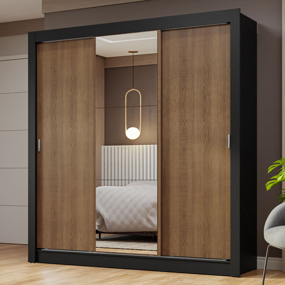 Placard Matrimonial 3 Puertas Corredizas con Espejo Negro/Marrón Nobre