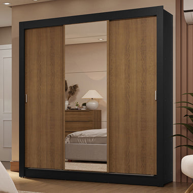 Placard Matrimonial 170 cm 3 Puertas Corredizas 2 Cajones con 1 Espejo Negro/Marrón Sublime Madesa
