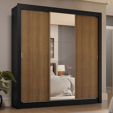 Placard Matrimonial 170 cm 3 Puertas Corredizas 4 Cajones con 1 Espejo Negro/Marrón Sublime Madesa