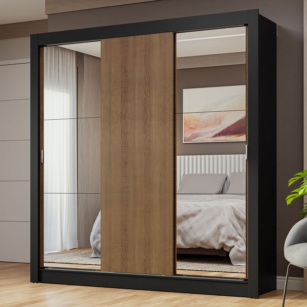 Placard Matrimonial 3 Puertas Corredizas con Espejos Negro/Marrón Nobre