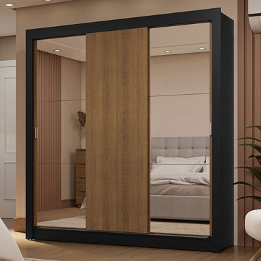 Placard Matrimonial 170 cm 3 Puertas Corredizas 2 Cajones con 2 Espejos Negro/Marrón Sublime Madesa