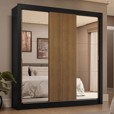 Placard Matrimonial 170 cm 3 Puertas Corredizas 4 Cajones con 2 Espejos Negro/Marrón Sublime Madesa