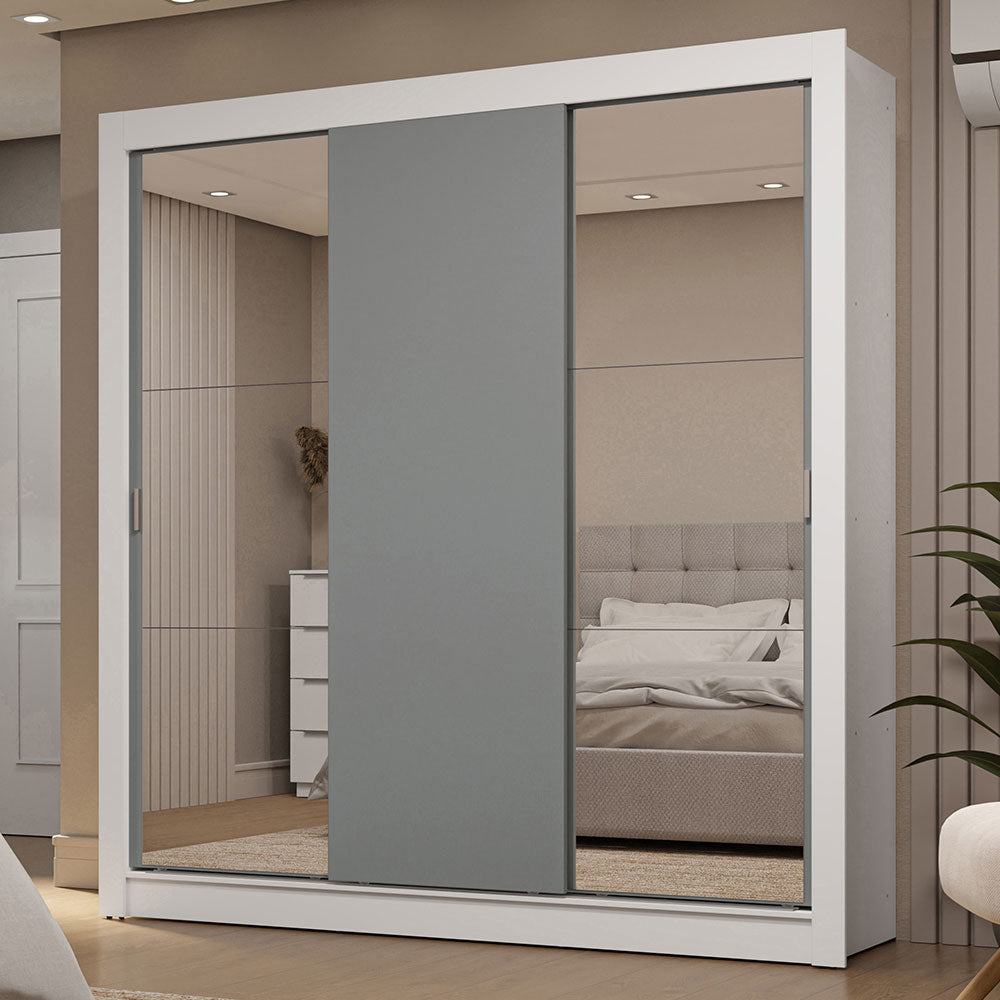 Placard Matrimonial 3 Puertas Corredizas con Espejo 2 Cajones Blanco/Gris Sublime