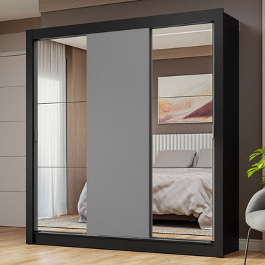 Placard Matrimonial 170 cm 3 Puertas Corredizas con 2 Espejos Negro/Gris Nobre Madesa
