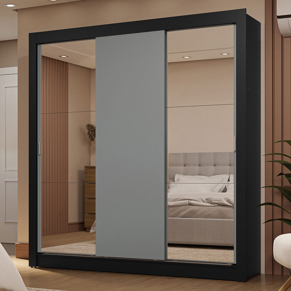 Placard Matrimonial 3 Puertas Corredizas con Espejo 2 Cajones Negro/Gris Sublime