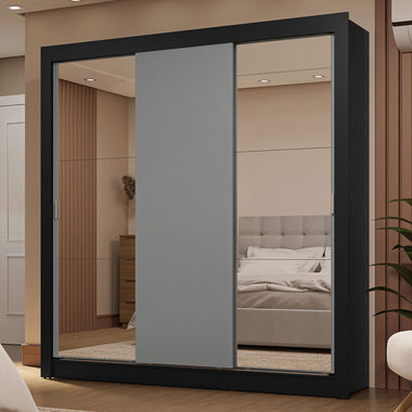 Placard Matrimonial 170 cm 3 Puertas Corredizas 2 Cajones con 2 Espejos Negro/Gris Sublime Madesa
