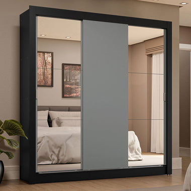Placard Matrimonial 170 cm 3 Puertas Corredizas 4 Cajones con 2 Espejos Negro/Gris Sublime Madesa