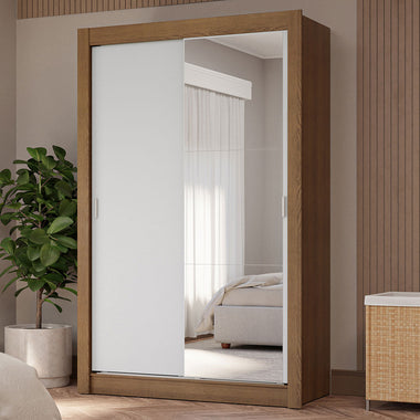 Placard Soltero 117 cm 2 Puertas Corredizas 4 Cajones con 1 Espejo Marrón/Blanco Vivare Madesa