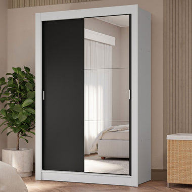 Placard Soltero 117 cm 2 Puertas Corredizas 4 Cajones con 1 Espejo Blanco/Negro Vivare Madesa