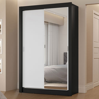 Placard Soltero 117 cm 2 Puertas Corredizas 2 Cajones con 1 Espejo Negro/Blanco Vivare Madesa