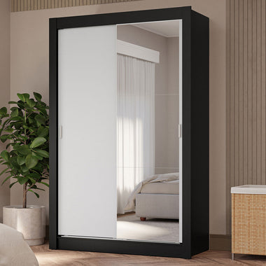Placard Soltero 117 cm 2 Puertas Corredizas 4 Cajones con 1 Espejo Negro/Blanco Vivare Madesa