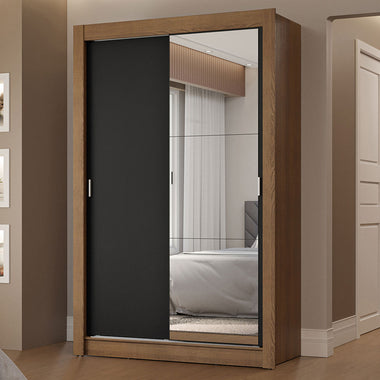 Placard Soltero 117 cm 2 Puertas Corredizas 2 Cajones con 1 Espejo Marrón/Negro Vivare Madesa