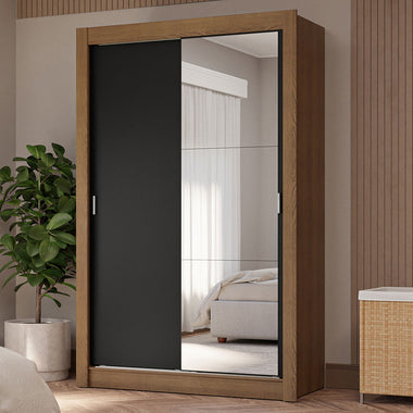 Placard Soltero 117 cm 2 Puertas Corredizas 4 Cajones con 1 Espejo Marrón/Negro Vivare Madesa