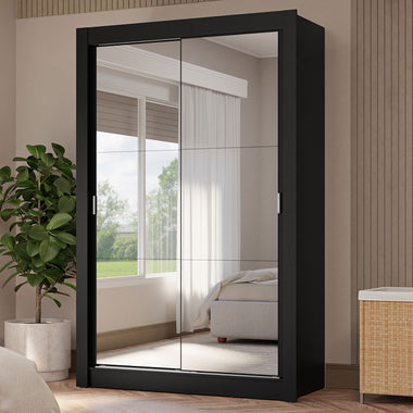 Placard Soltero 117 cm 2 Puertas Corredizas 4 Cajones con 2 Espejos Negro Vivare Madesa