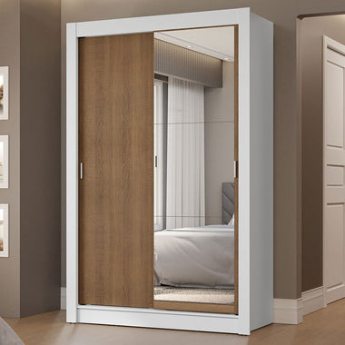 Placard Soltero 117 cm 2 Puertas Corredizas 2 Cajones con 1 Espejo Blanco/Marrón Vivare Madesa