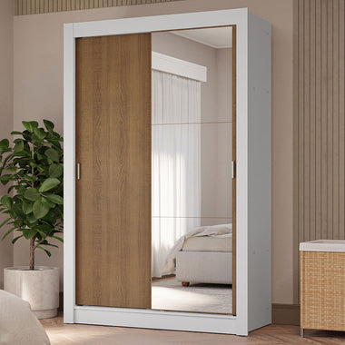 Placard Soltero 117 cm 2 Puertas Corredizas 4 Cajones con 1 Espejo Blanco/Marrón Vivare Madesa