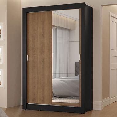 Placard Soltero 117 cm 2 Puertas Corredizas 2 Cajones con 1 Espejo Negro/Marrón Vivare Madesa
