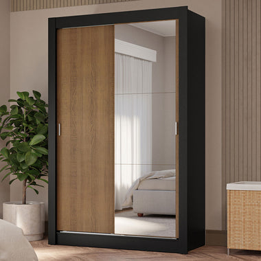 Placard Soltero 117 cm 2 Puertas Corredizas 4 Cajones con 1 Espejo Negro/Marrón Vivare Madesa