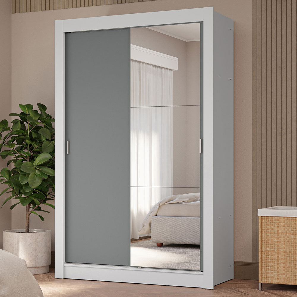 Placard Soltero 2 Puertas Corredizas con Espejo 4 Cajones Blanco/Gris Vivare Plus