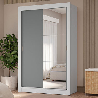 Placard Soltero 117 cm 2 Puertas Corredizas 4 Cajones con 1 Espejo Blanco/Gris Vivare Madesa