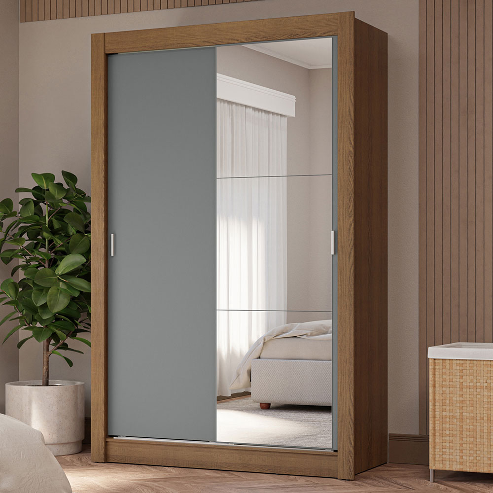 Placard Soltero 2 Puertas Corredizas con Espejo 4 Cajones Marrón/Gris Vivare Plus