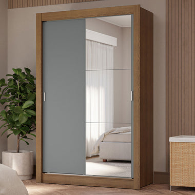 Placard Soltero 117 cm 2 Puertas Corredizas 4 Cajones con 1 Espejo Marrón/Gris Vivare Madesa