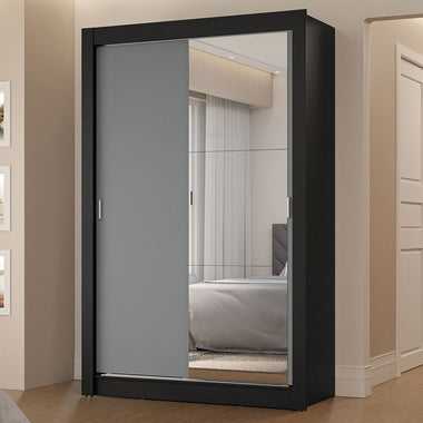 Placard Soltero 117 cm 2 Puertas Corredizas 2 Cajones con 1 Espejo Negro/Gris Vivare Madesa