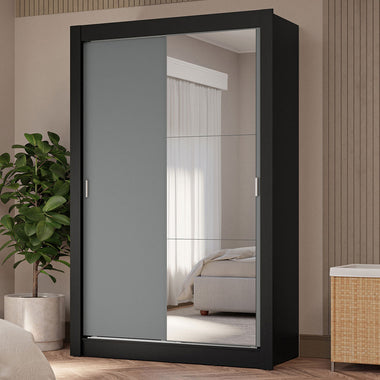 Placard Soltero 117 cm 2 Puertas Corredizas 4 Cajones con 1 Espejo Negro/Gris Vivare Madesa