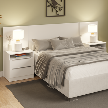 Kit Respaldo de Cama Extensible y 2 Mesas de Luz Blanco Madesa