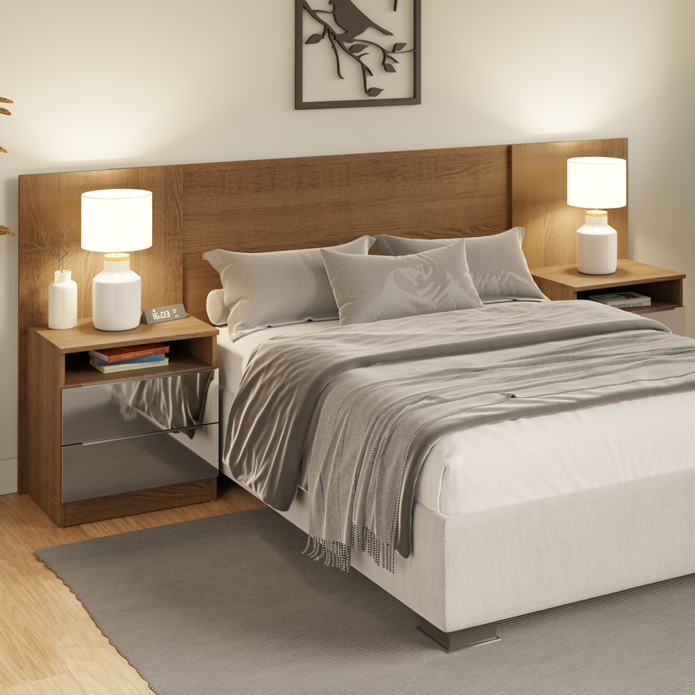 Respaldo de cama extensible Madesa con 2 Mesas de Luz con Espejo Marrón