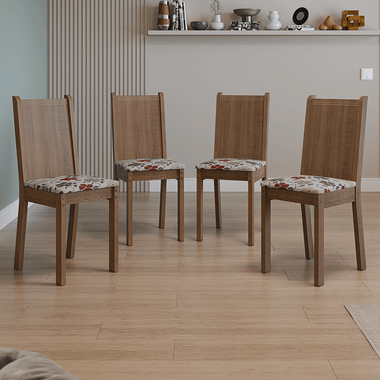 Juego de 4 Sillas Asiento Tapizado Marrón/Floral Hibiscos Madesa